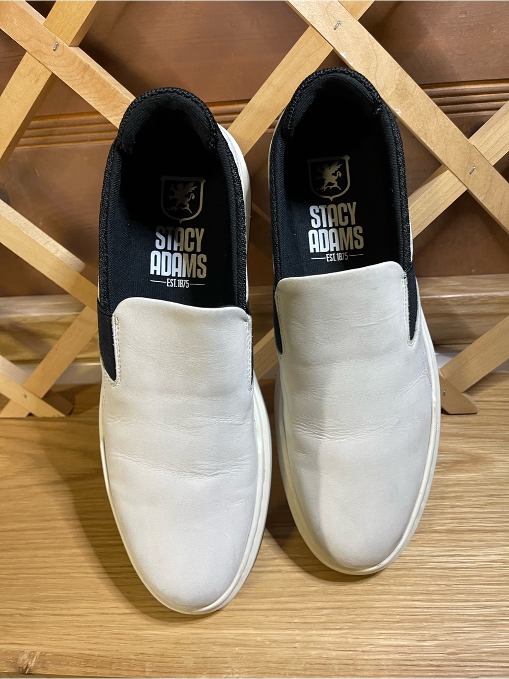 Stacy Adams Creamy White -Smooth Matt Leather Slip-On Loafers with Black Trim/